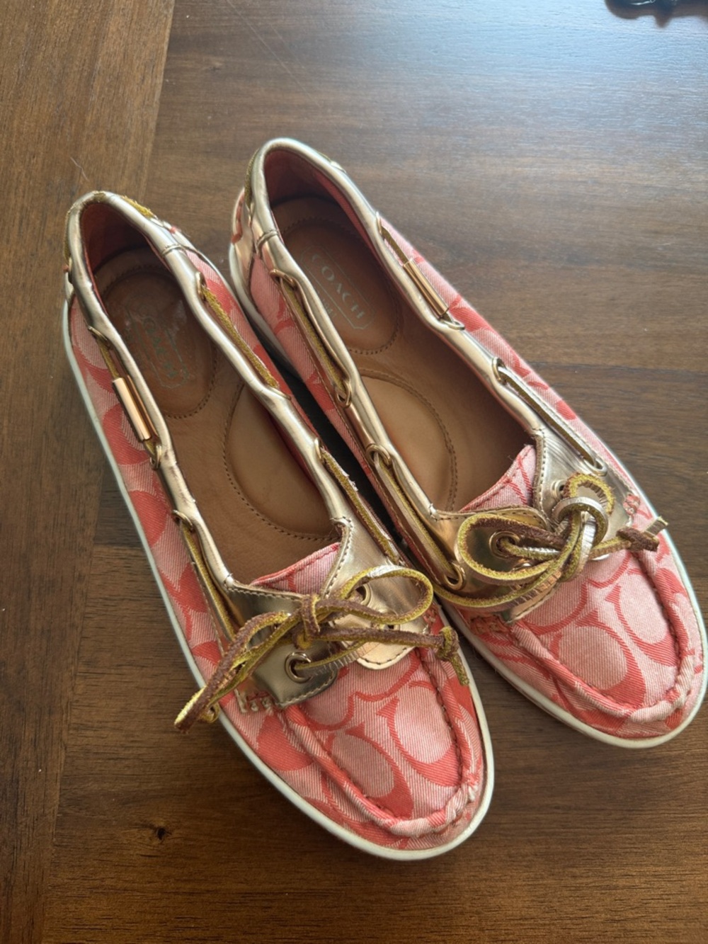 Coach Pink Signature Canvas Boat Shoes with Gold Accents CC Monogram Size 6